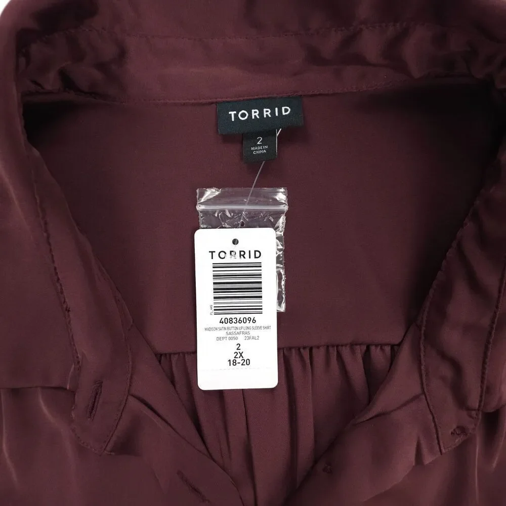 NWT Torrid Madison Satin Button-Up Long Sleeve Shirt Wide Leg Pant Set Burgundy
